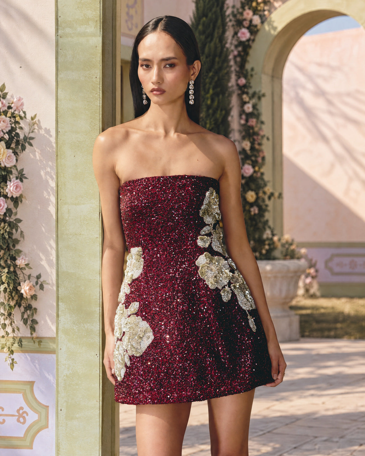 Deep Merlot Embellished Mini Dress