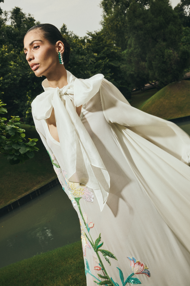 Formal day evening dress designed as luxury vacation wear
