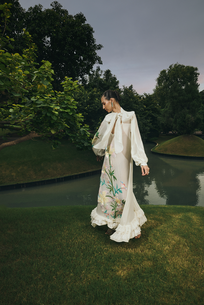 Destination wedding guest dress in an ivory embroidered finish
