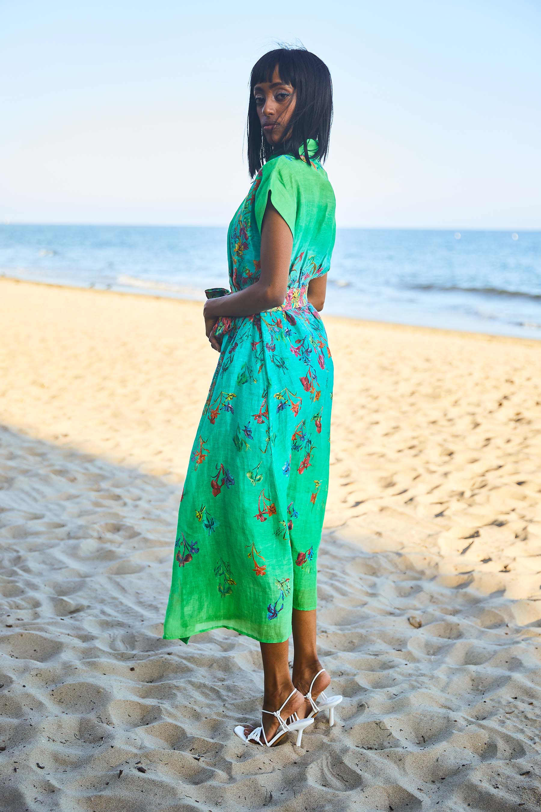 Blue fashion linen shirt dress